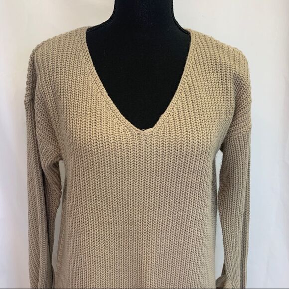 Altar beige tan brown tie-sleeve oversized long V-neck sweater size medium - Picture 5 of 13